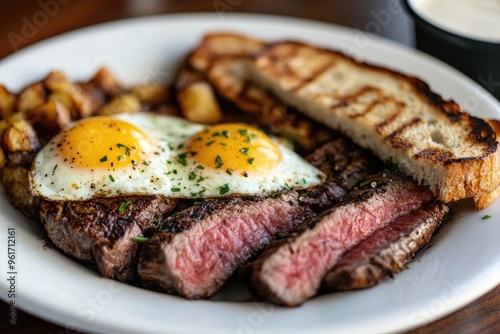 A hearty breakfast plate of steak and eggs, with a side of hash browns and toast