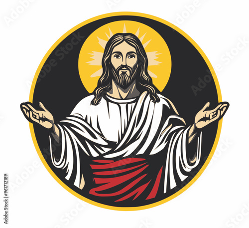 Logo of Jesus with outstretched arms inside a golden circle, in a simple cartoon style