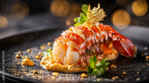 Fototapeta Naklejka Na Ścianę i Meble -  Lobster Dish with Edible Gold: A Culinary Masterpiece