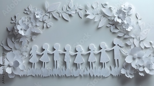Papercut effect of children forming a circle and holding hands, featuring a clean white background.