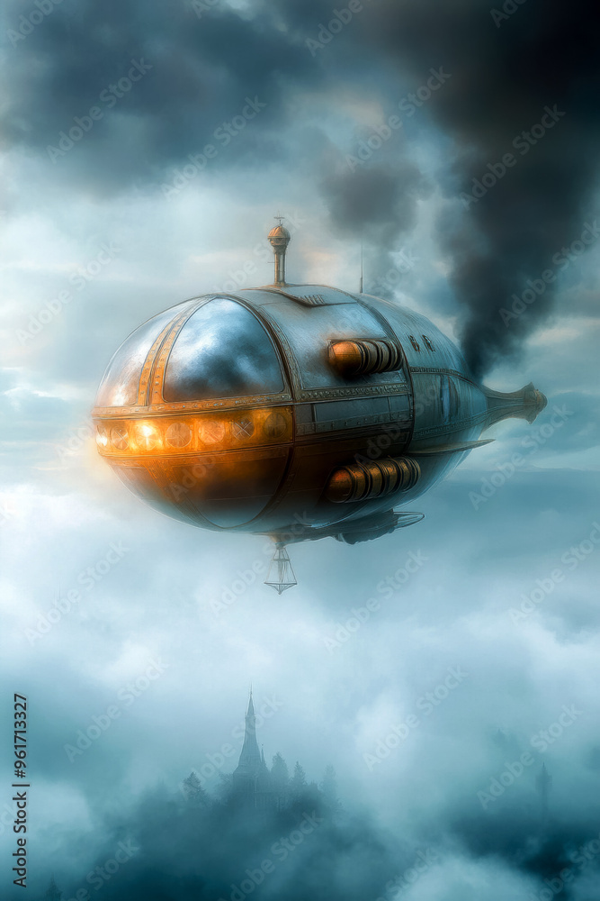 Airship flying over a city shrouded in fog, steampunk style, travel and adventure idea Airship flying over a city shrouded in fog, steampunk style, travel and adventure idea