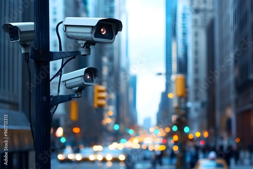 Surveillance Cameras Mounted on a Street Light Pole in a City photo