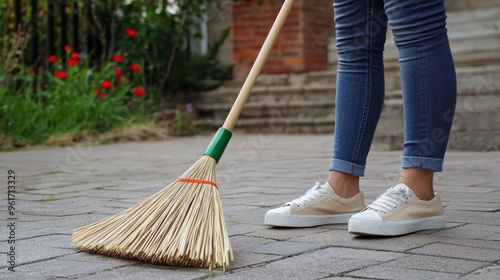 Woman Sweeping Pavement with a Corn Straw Broom, a Simple Act of Keeping Things Clean