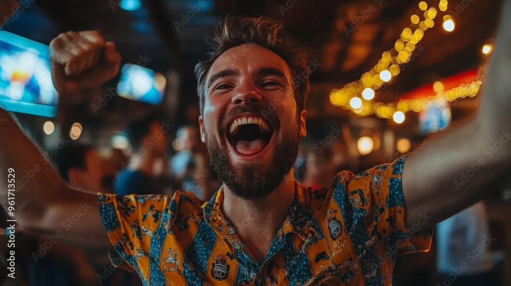 Excited young man celebrating in a bar Excited young man celebrating in a bar