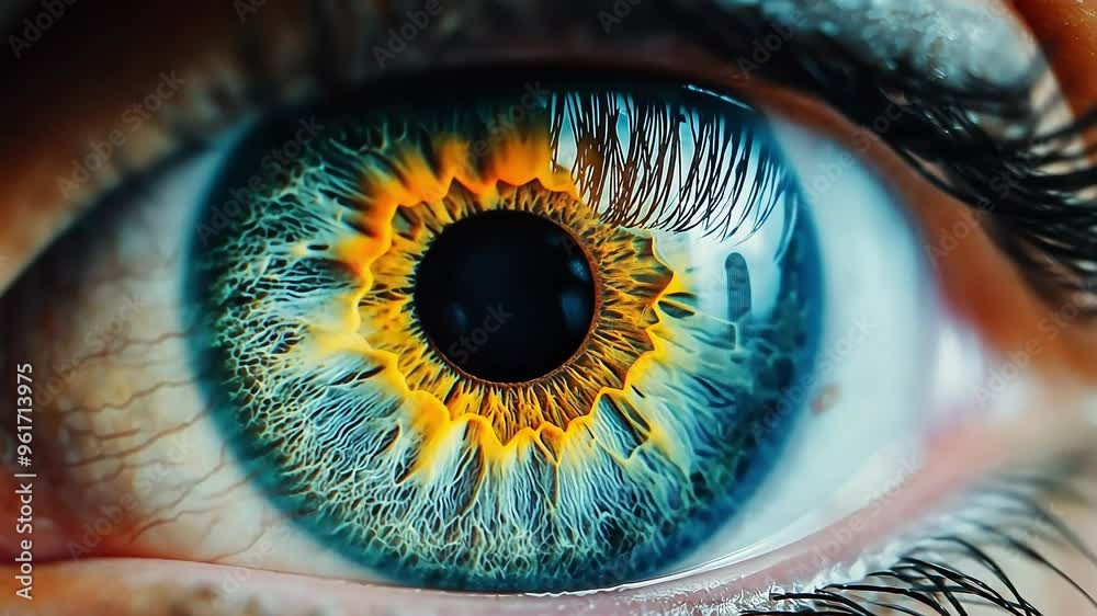 Close-up of a woman blinking, showcasing her unique blue and yellow iris. The pupil dilates, highlighting intricate details of her eye and emphasizing beauty and health