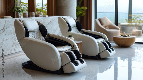 Massage chairs, showing their aesthetic appeal as well as comfort. photo