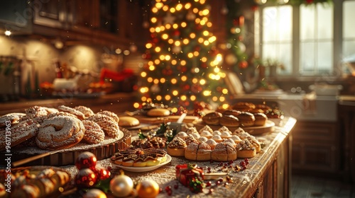 Festive kitchen scene with assorted Christmas pastries and a decorated tree, evoking a warm holiday atmosphere.