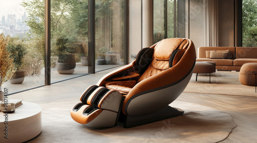 A modern high-end massage chair in a stylish living room or home office, showcasing its luxurious design. photo