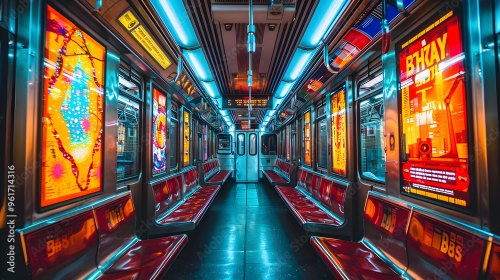 Empty Subway Car Interior with Neon Lights - Illustration Empty Subway Car Interior with Neon Lights - Illustration