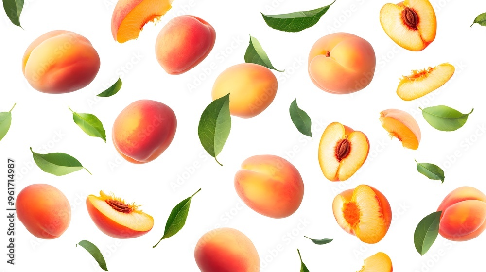 A dynamic flat lay composition of falling peaches and leaves. Making it perfect for promoting healthy eating, organic farming, or summer-themed advertising campaigns