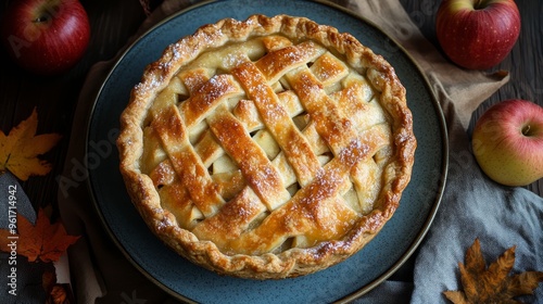 German classic apple pie served on a rustic blue plate, perfect dessert for fall and apple picking season