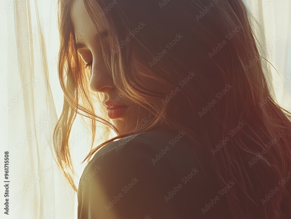 Naklejka premium Peaceful woman with closed eyes enjoying warm sunlight filtering through delicate curtain creating tranquil atmosphere