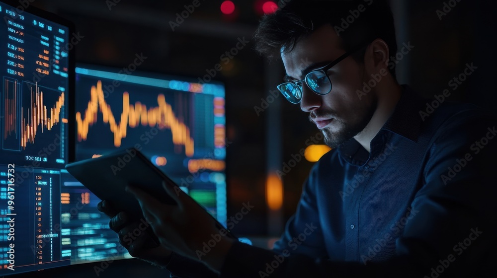 Portrait of a confident investor analyzing stock market charts on a tablet, with dynamic data visuals surrounding