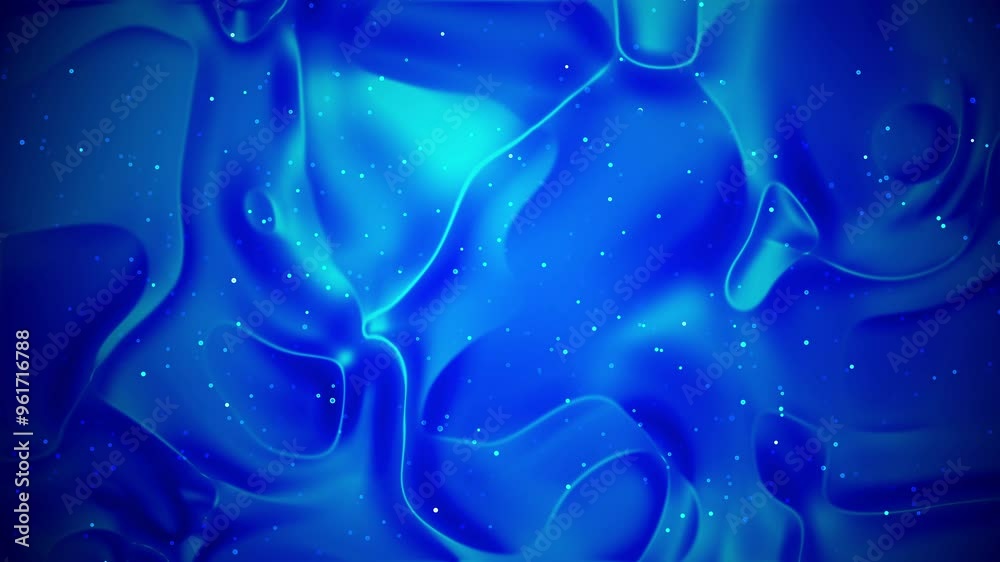 Dynamic blue abstract background with flowing shapes and shimmering particles.