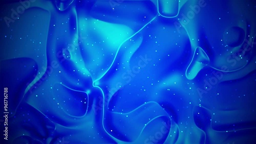 Dynamic blue abstract background with flowing shapes and shimmering particles.