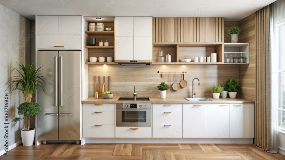 Limited kitchen area maximized with clever storage, sleek appliances, and clean design, ensuring a harmonious balance Limited kitchen area maximized with clever storage, sleek appliances, and clean design, ensuring a harmonious balance