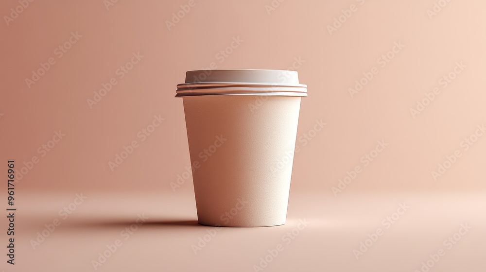 A white cup with a lid sits on a pink background A white cup with a lid sits on a pink background