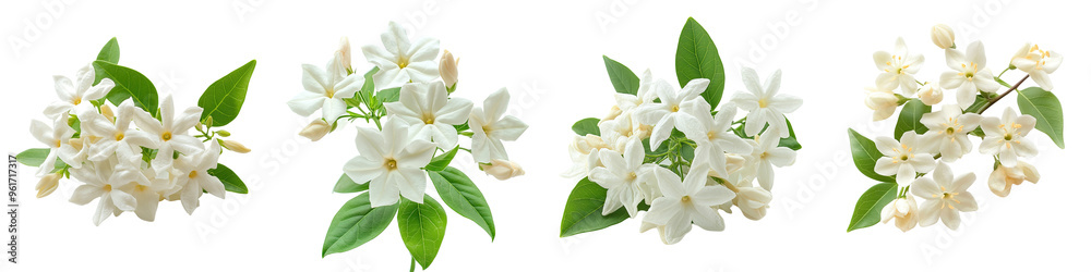 Obraz premium Jasmine - Small fragrant white or yellow star-shaped flowers often used in perfumes. Isolated on Clear White Background Highly Detailed 