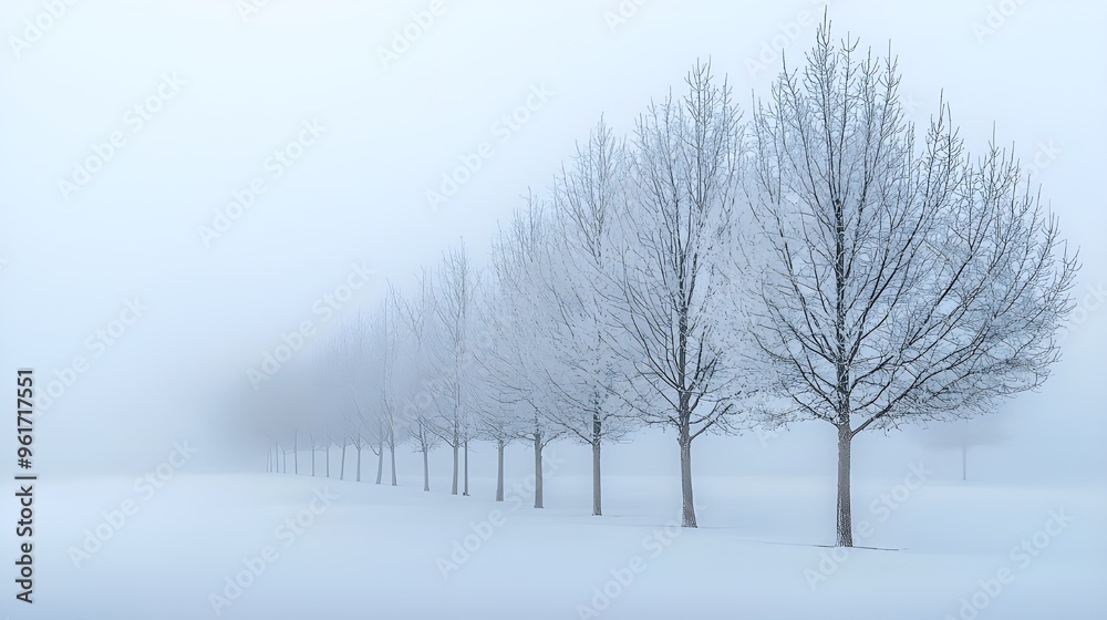 Obraz premium A tranquil winter scene with bare trees covered in a light dusting of snow, set against a soft, overcast sky.