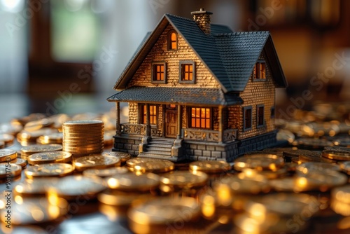 A miniature house model placed on a pile of golden coins symbolizing investment in real estate during a cozy indoor setting