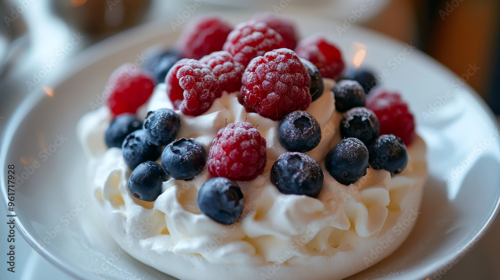 A small, sweet Pavlova dessert topped with frozen berries and whipped cream. You can use blueberries, raspberries, or a mix. A small, sweet Pavlova dessert topped with frozen berries and whipped cream. You can use blueberries, raspberries, or a mix.