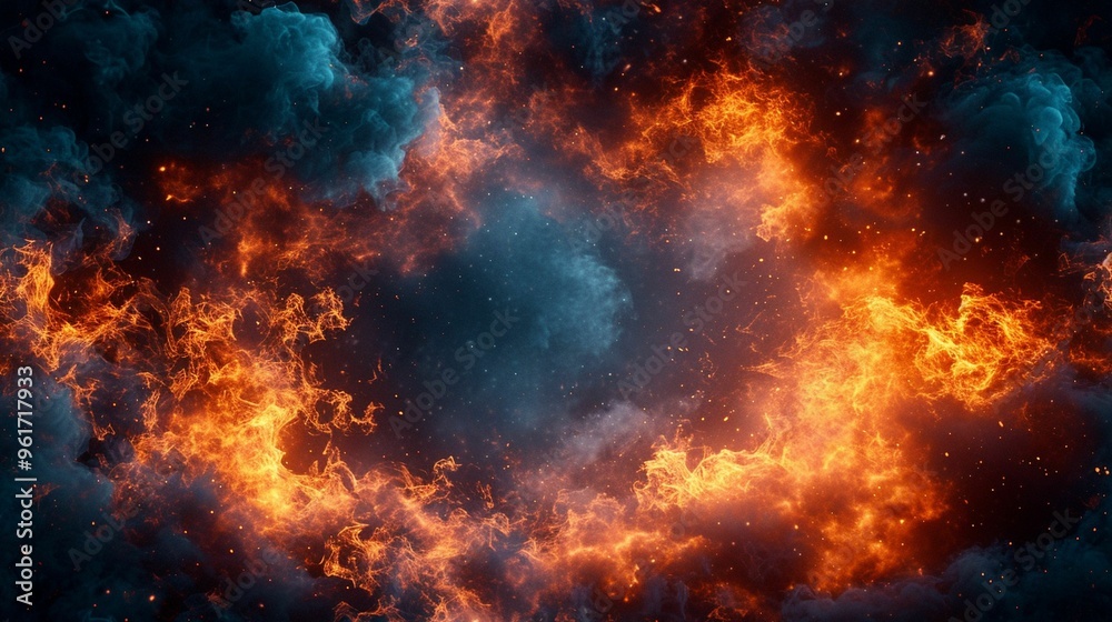 Naklejka premium Vibrant cosmic explosion of flames and clouds in a dark sky during a celestial event