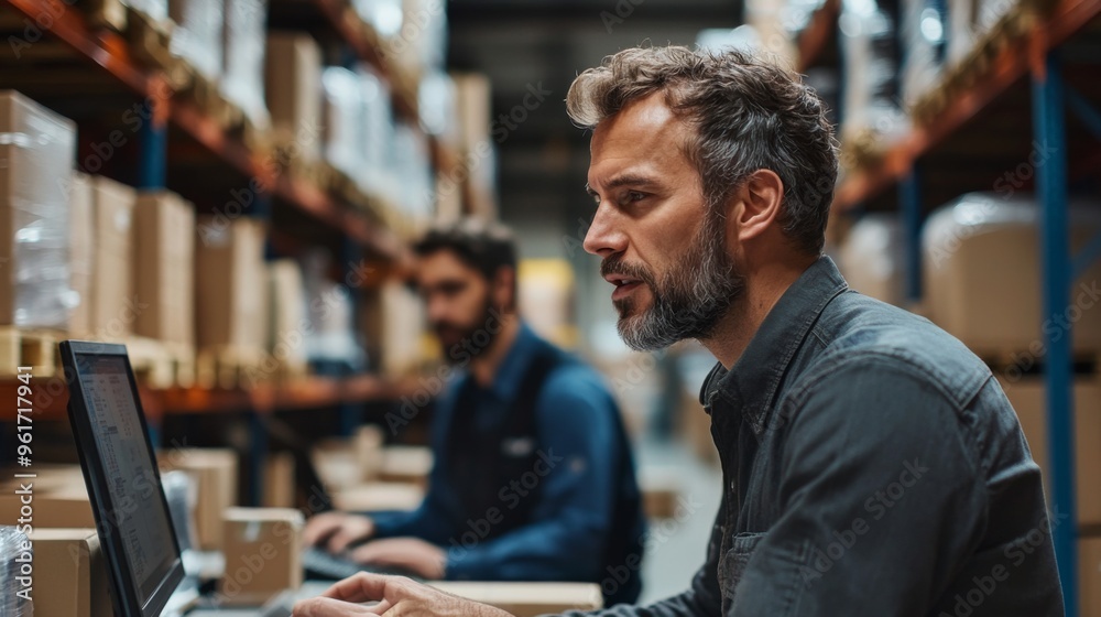Obraz premium Warehouse Employees Working on Computers