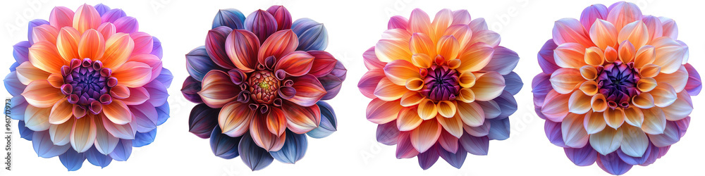 Dahlia - Large vibrant blooms with layered petals in various colors Isolated on Clear White Background Highly Detailed Dahlia - Large vibrant blooms with layered petals in various colors Isolated on Clear White Background Highly Detailed
