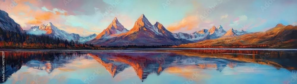 An evening scene of a tranquil mountain lake, reflecting the colors of the setting sun and the surrounding peaks