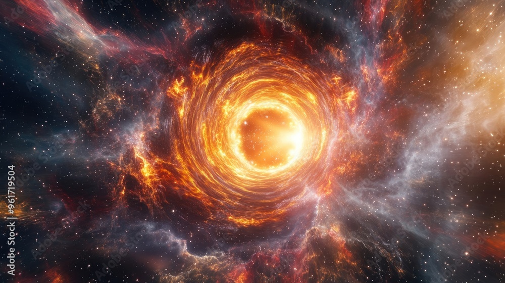 Dynamic Explosion of a Galactic Wormhole with Intense Light and Flames in Deep Space, Surrounded by Starry Nebula Dynamic Explosion of a Galactic Wormhole with Intense Light and Flames in Deep Space, Surrounded by Starry Nebula