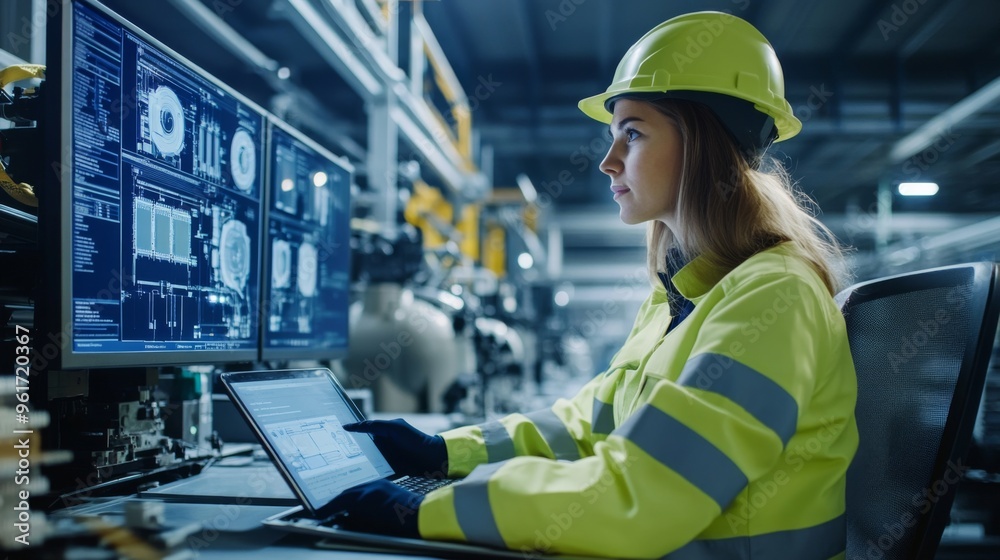 Female Engineer at Workstation in Industrial Setting Female Engineer at Workstation in Industrial Setting