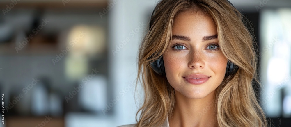 Young Woman Wearing Headphones and Smiling Young Woman Wearing Headphones and Smiling
