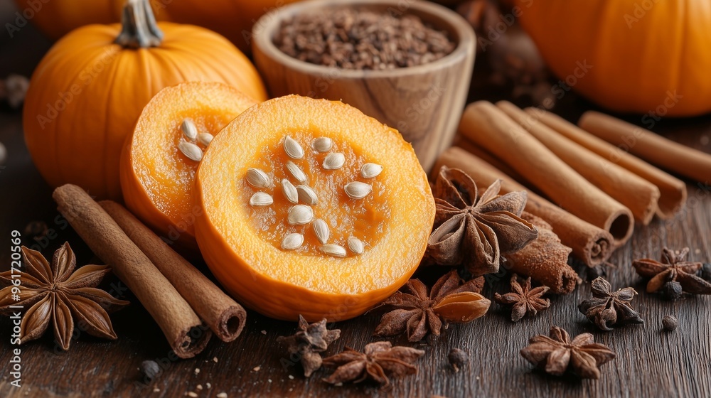 A halved pumpkin filled with cinnamon and surrounded by autumn spices on a rustic wooden table. A halved pumpkin filled with cinnamon and surrounded by autumn spices on a rustic wooden table.