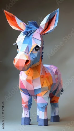 Paper art style, a donkey crafted from layered paper, showcasing its sturdy build and long ears with intricate folding and cutting techniques.
