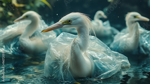 Sea creatures or birds entangled in plastic bags, emphasizing the impact of pollution on wildlife. photo