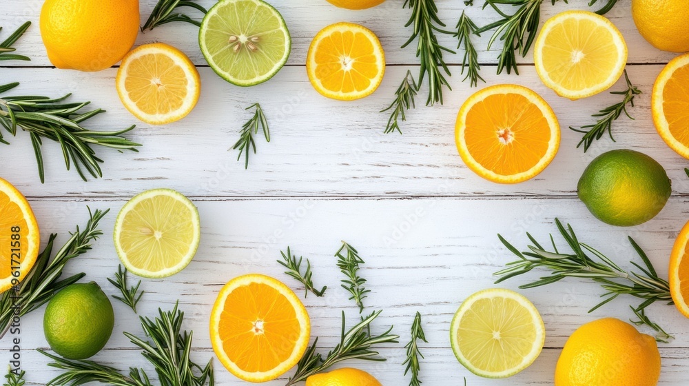Assortment of Vibrant Citrus Fruits Arranged on Rustic Wooden Surface with Fresh Herbs Assortment of Vibrant Citrus Fruits Arranged on Rustic Wooden Surface with Fresh Herbs