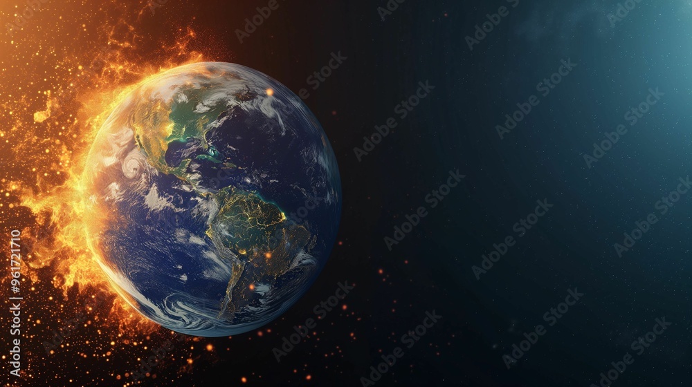 Earth experiencing fiery destruction in cosmic space with vibrant colors illustrating devastation and chaos Earth experiencing fiery destruction in cosmic space with vibrant colors illustrating devastation and chaos