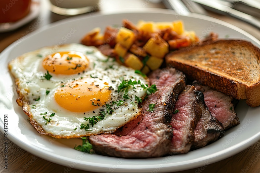A hearty breakfast plate of steak and eggs, with a side of hash browns and toast A hearty breakfast plate of steak and eggs, with a side of hash browns and toast