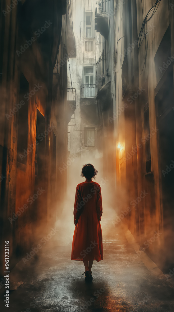 Obraz premium Woman in a red dress walking down a narrow foggy alleyway between tall buildings, illuminated by a soft light, evoking a sense of mystery and solitude.