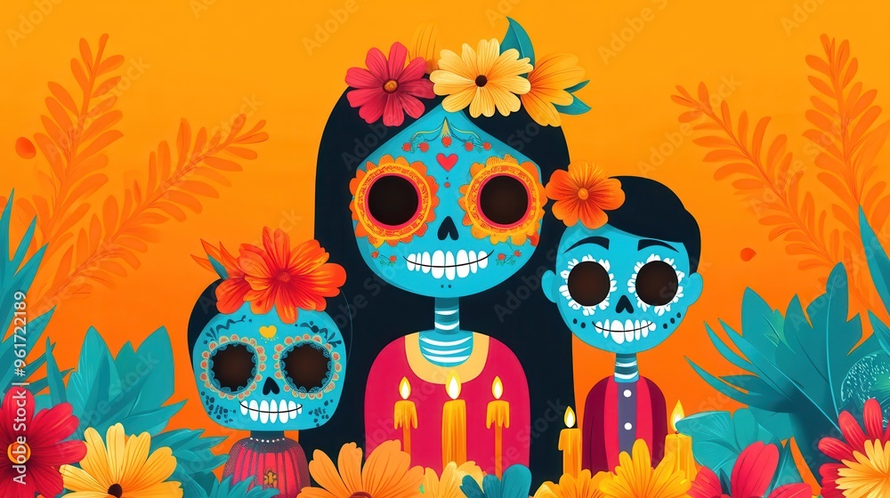 Colorful Day of the Dead Family Altar with Vibrant Flowers and Candles - Flat Design Illustration Colorful Day of the Dead Family Altar with Vibrant Flowers and Candles - Flat Design Illustration