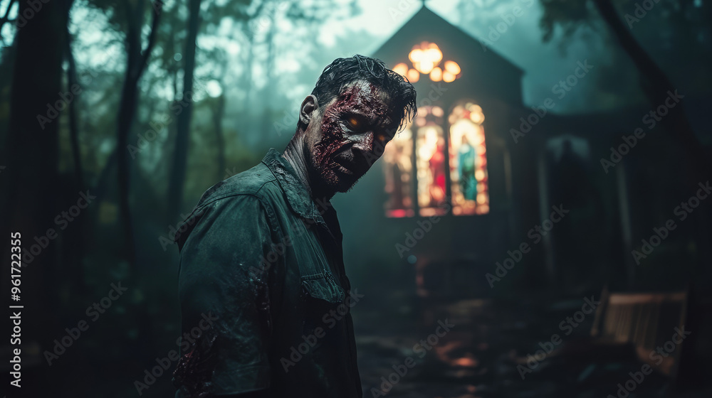 A man with fake blood on his face stands in front of a church A man with fake blood on his face stands in front of a church
