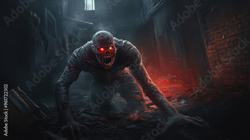 An undead creature with jagged teeth and exposed bones, crawling through a decayed, abandoned mansion, eerie red light flickering from its hollow eyes.