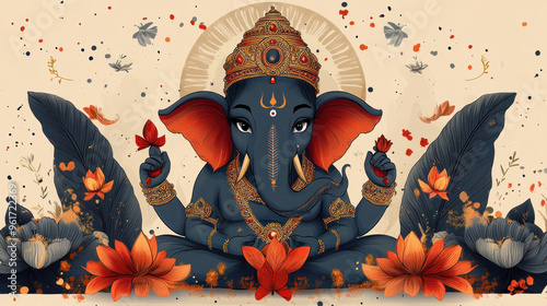 Minimalist illustrations of Ganesha with simple lines and symbolic elements like his trunk, crown, and lotus. photo