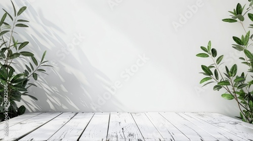 White wooden table on natural background for product display or design layout. photo