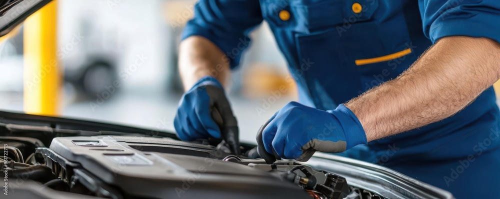 Mechanic inspecting a car s engine under the hood in a well-lit garage Mechanic inspecting a car s engine under the hood in a well-lit garage