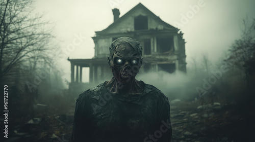 A zombie with decaying skin, standing in front of a crumbling, abandoned mansion.