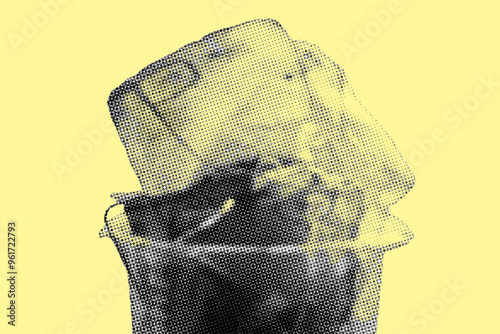 close up of tea bag on plastic cup pixelate color halftone dotted texture style collage element