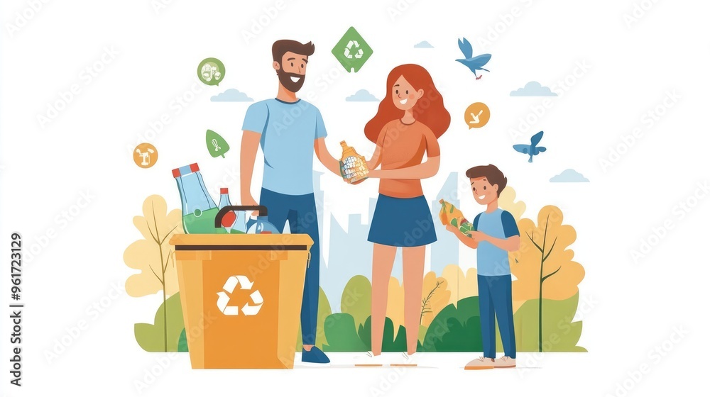 Flat Design Illustration of a Family Engaged in Recycling in an Environmentally Friendly Park Flat Design Illustration of a Family Engaged in Recycling in an Environmentally Friendly Park