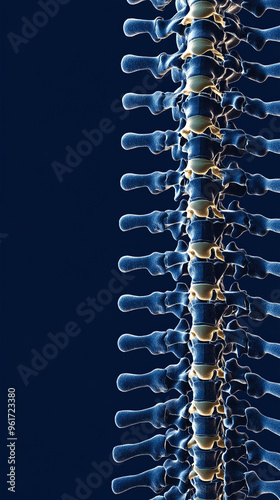 Close-up view of a spine model, displaying the intricate details of vertebrae in a scientific and educational context, set against a deep blue background. photo