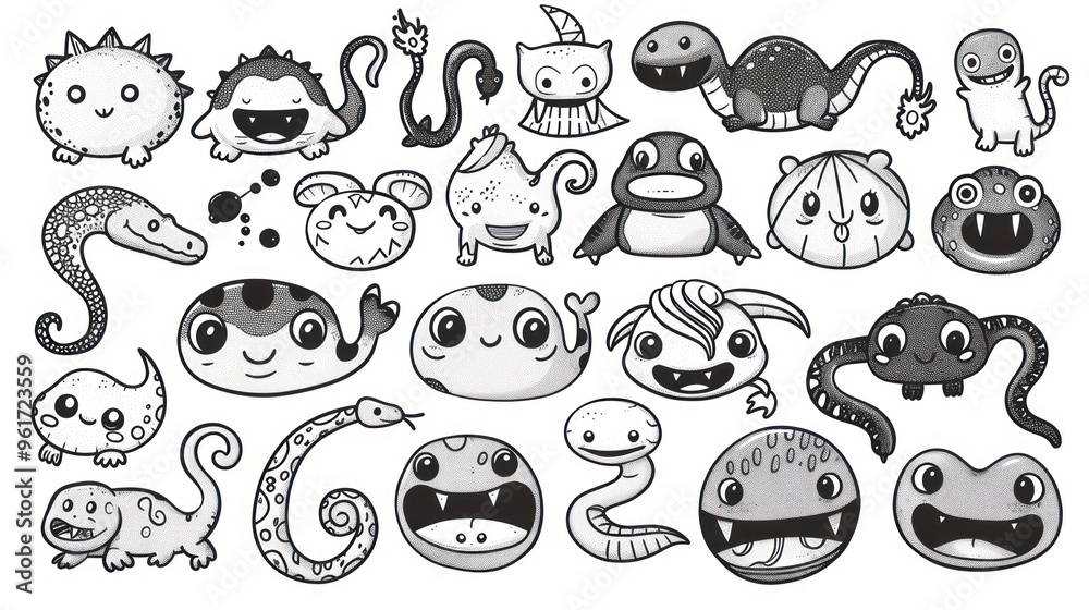 Cute Hand Drawn Black and White Monsters. Cute Hand Drawn Black and White Monsters.